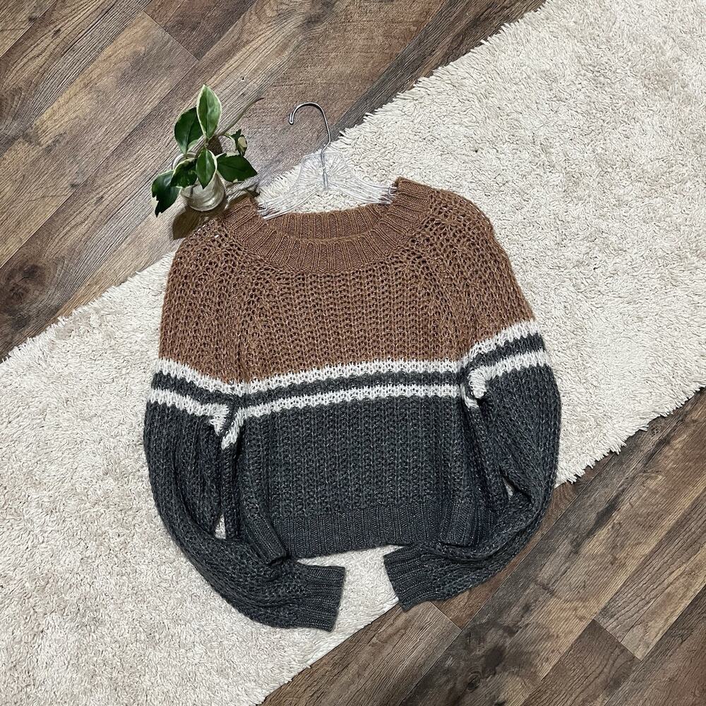 American Eagle Small Brown Gray Striped Wool Blend Crewneck Pullover Sweater